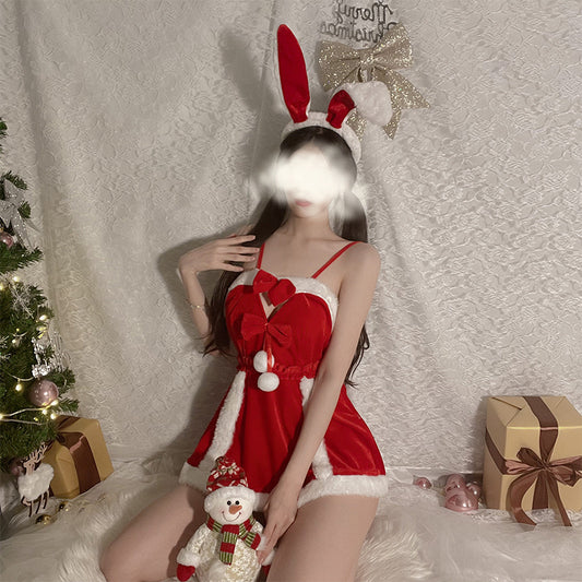 清纯可爱 - 红丝绒雪兔子吊带裙圣诞新年套装