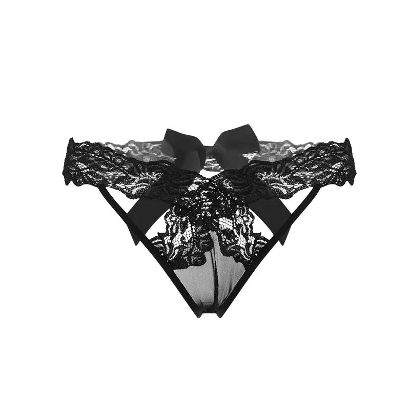 V-Cut Hollow Lace Thong (Black)