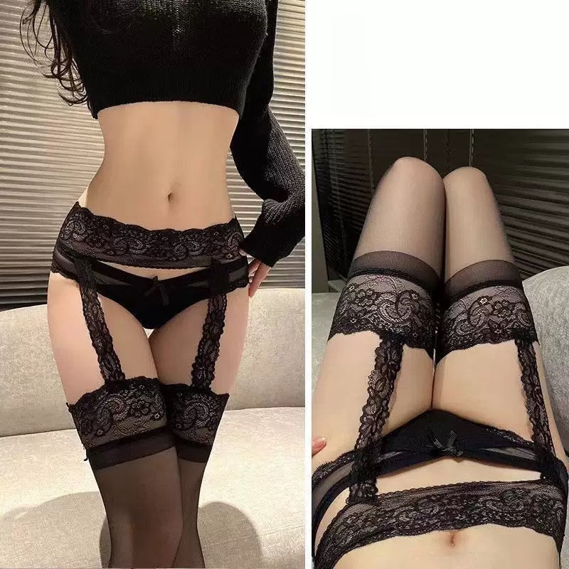 Elegant Wide Lace Garter Stockings (Black)
