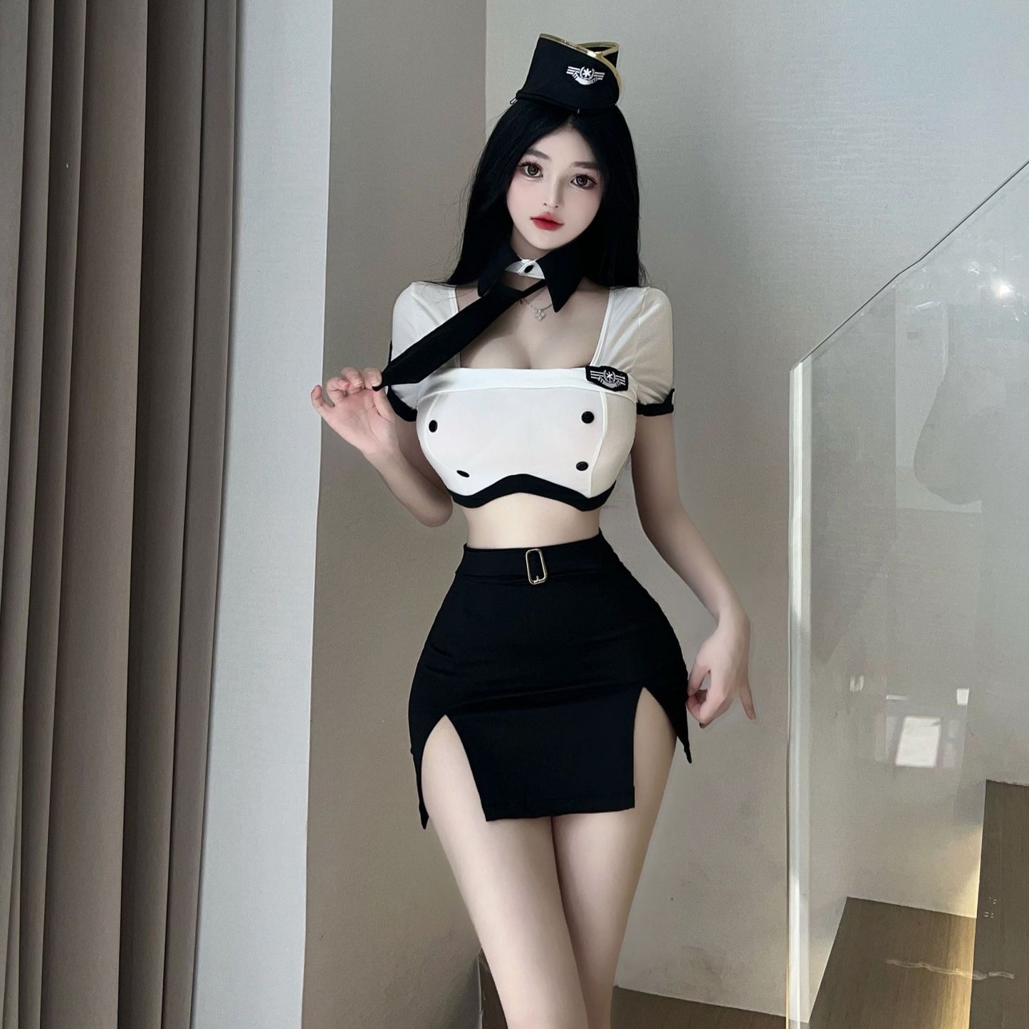 制服诱惑 - 秘密航班修身空乘套装(黑白)